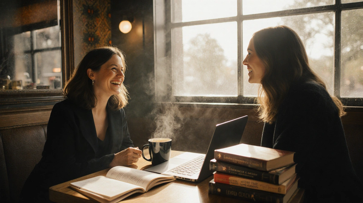 Laura Dave and Jennifer Garner laughing together in coffee shop with books and steaming coffee between them