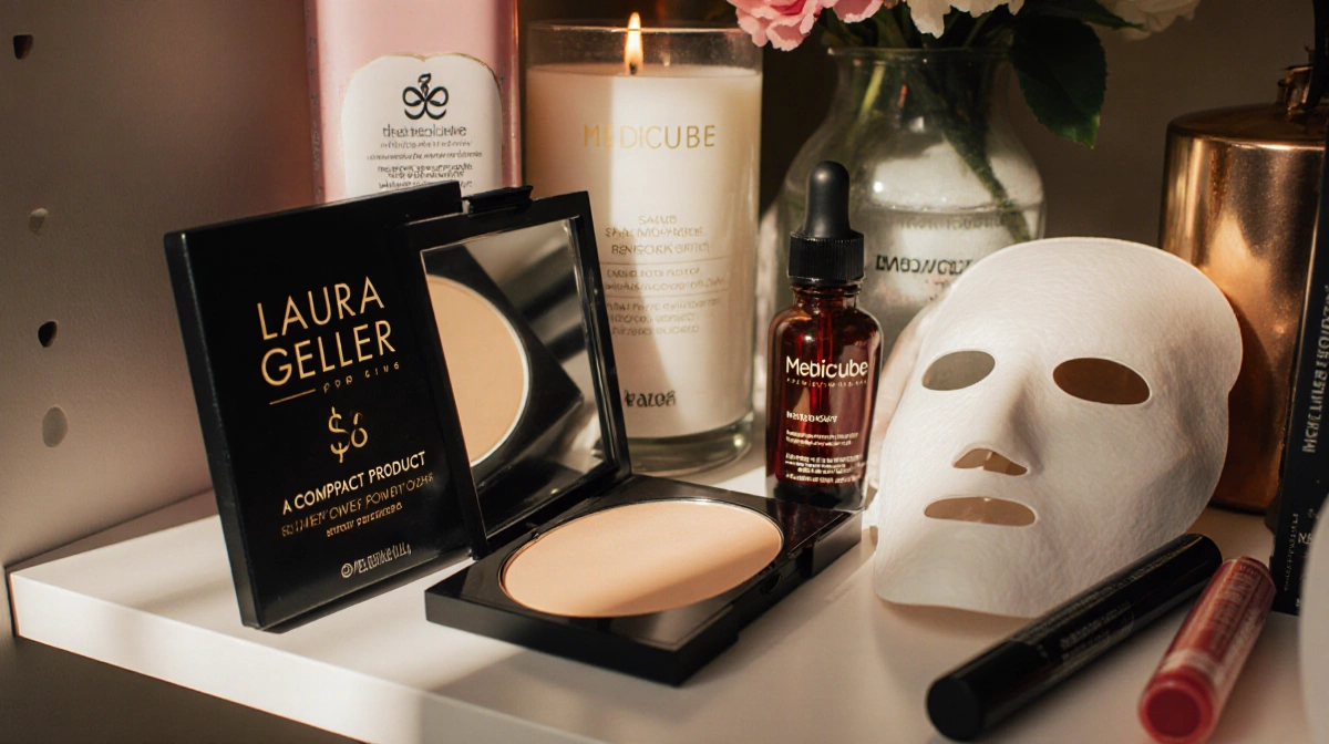 Laura Geller compact powder sits on organized beauty shelf with skincare products and makeup arranged nearby