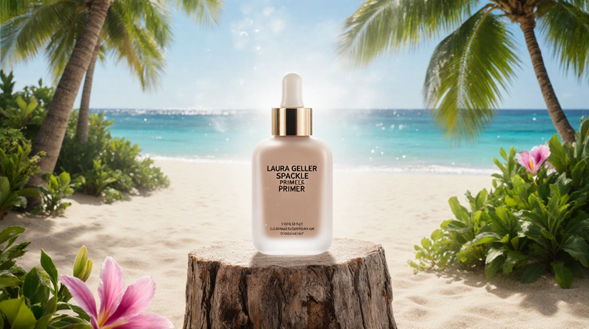 Laura Geller Spackle Primer bottle glows on weathered wooden trunk with tropical flowers and soft blur effects