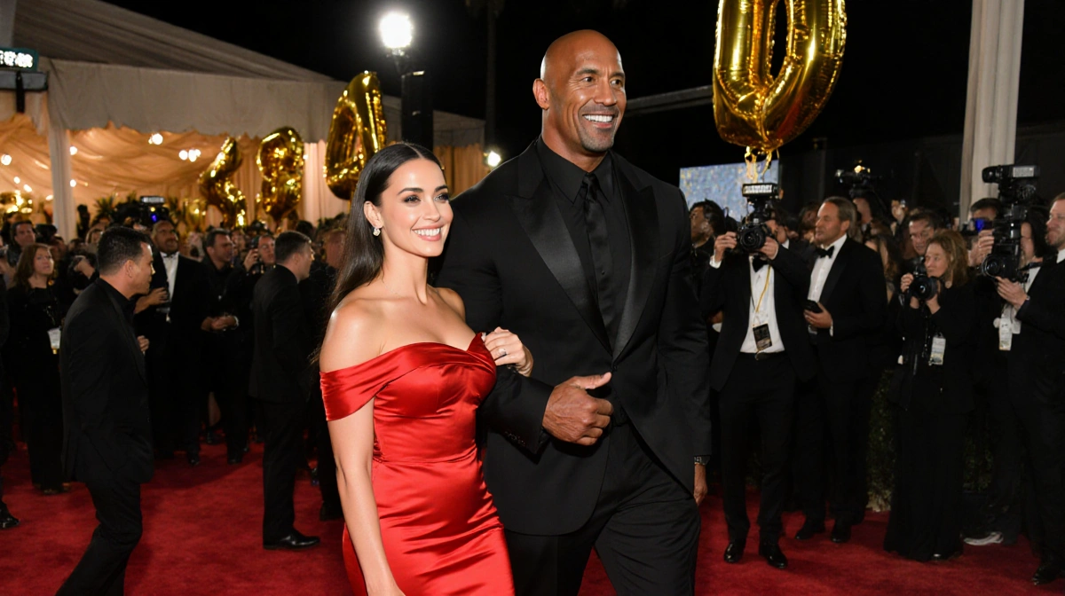 Lauren Hashian and Dwayne Johnson walking the Golden Globes red carpet with golden light illuminating her red gown