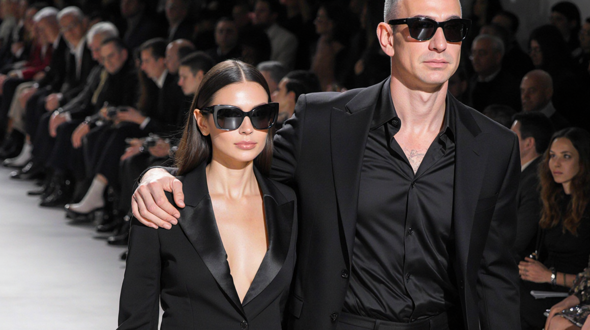 Lauren Sanchez Bezos walks beside Jeff Bezos with black suits and reflective sunglasses through a blurred crowd.