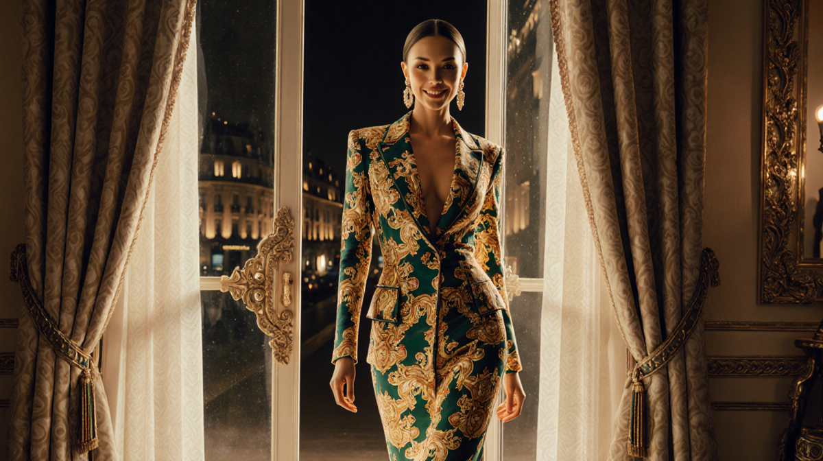 Lauren Sánchez Bezos smiles while stepping out of a Parisian evening with golden light and a vintage Versace gown.