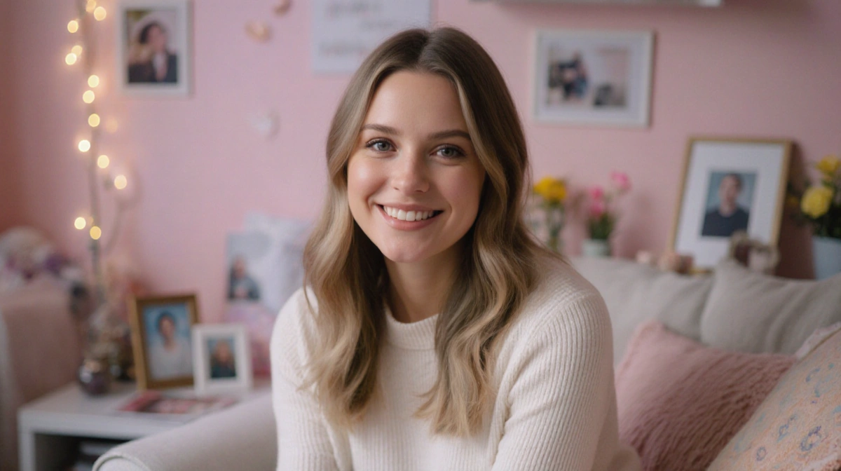 Laurie Cooper sits with warm smile in cozy room with framed photos and blurred background showing authentic TikTok star perso