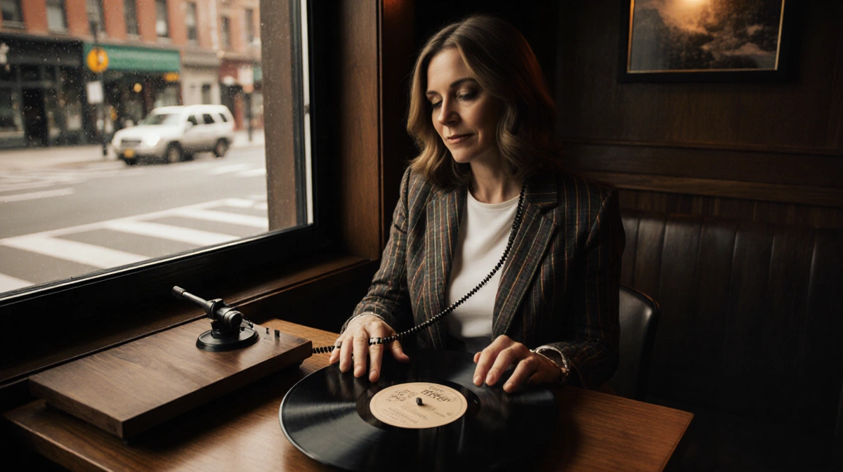 Laurie Cooper holds a vinyl record with warm restaurant lighting and city streets visible through the window