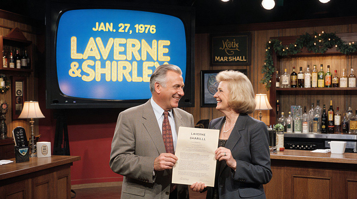 Garry and Penny Marshall hold a script on a television set featuring a bar backdrop and a screen showing Jan. 27, 1976