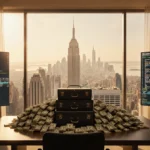 Luxury office table holds cash briefcases with screens showing market data and cityscape