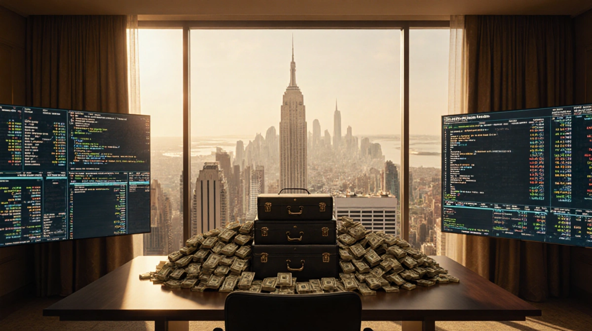 Luxury office table holds cash briefcases with screens showing market data and cityscape