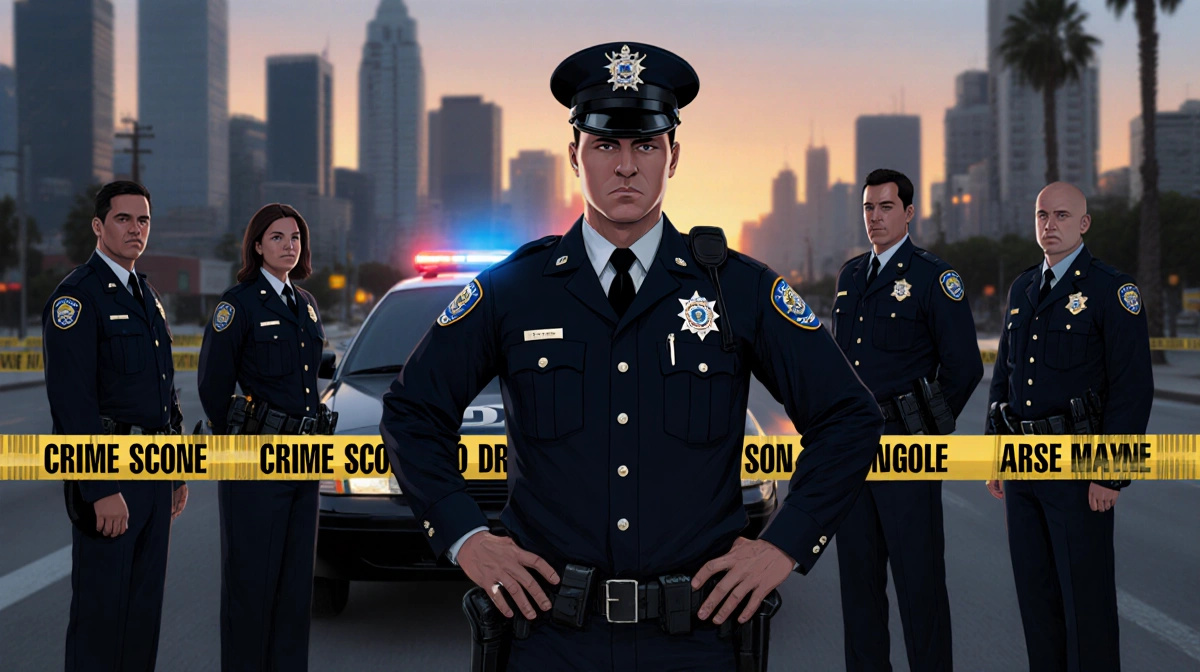 DHS officer standing with hands on hips in front of police vehicle with crime scene tape and blurred Los Angeles dawn skyline