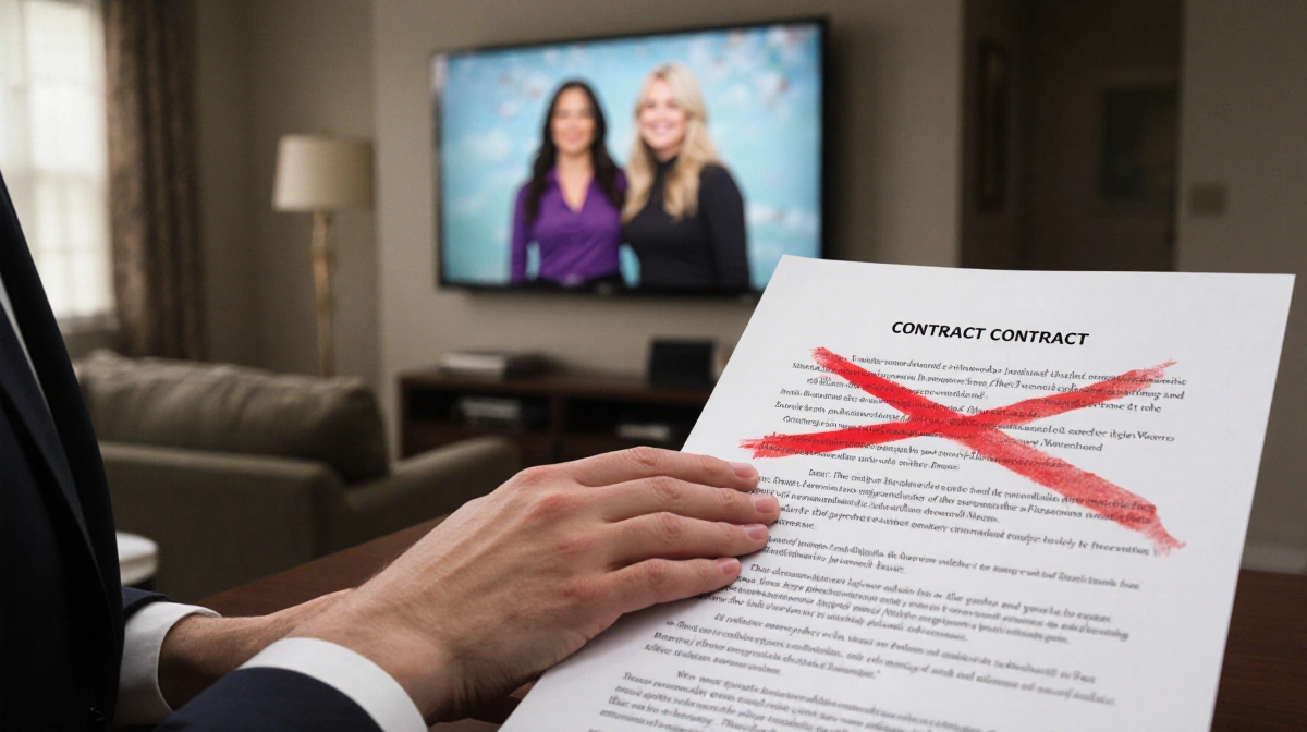 Hand pressing down on red-slashed contract document with blurred TV living room set visible behind
