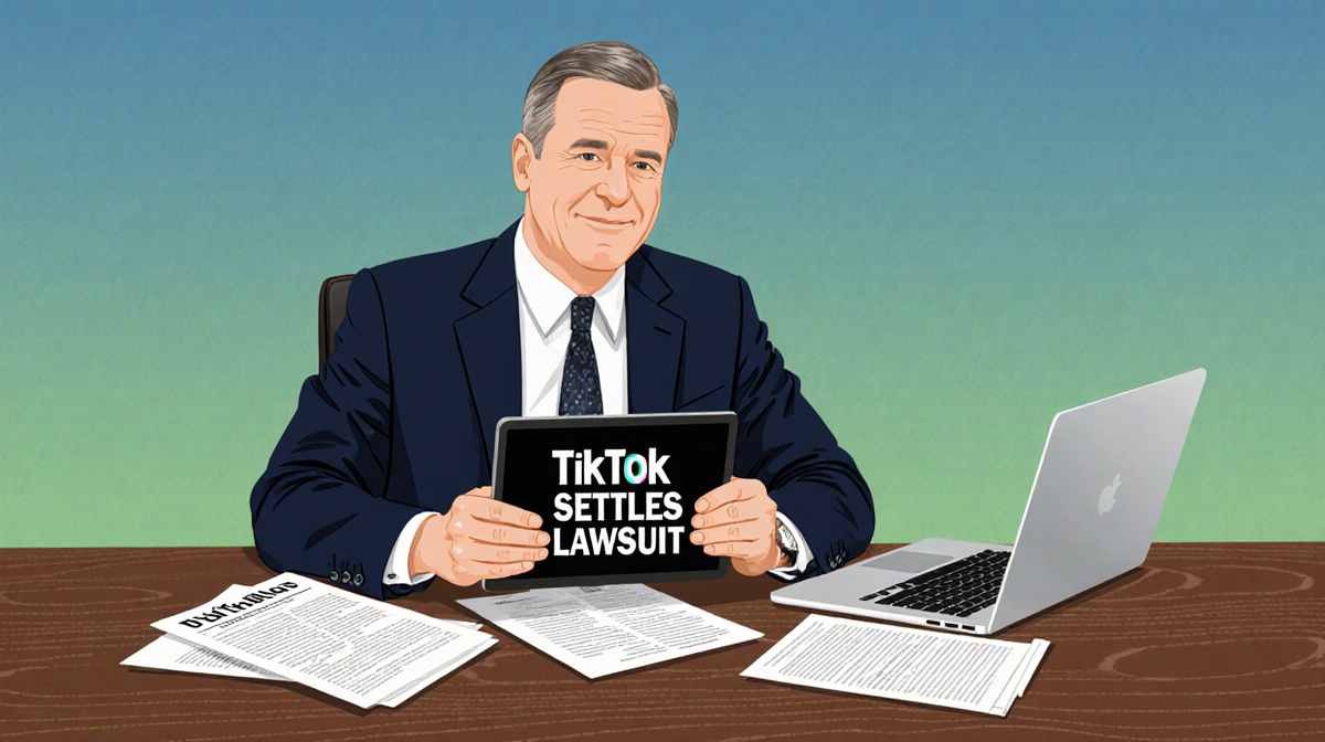 Lawyer Mark Lanier smiling while holding tablet with TikTok Settles Lawsuit headline and papers on desk in calm blue green ba