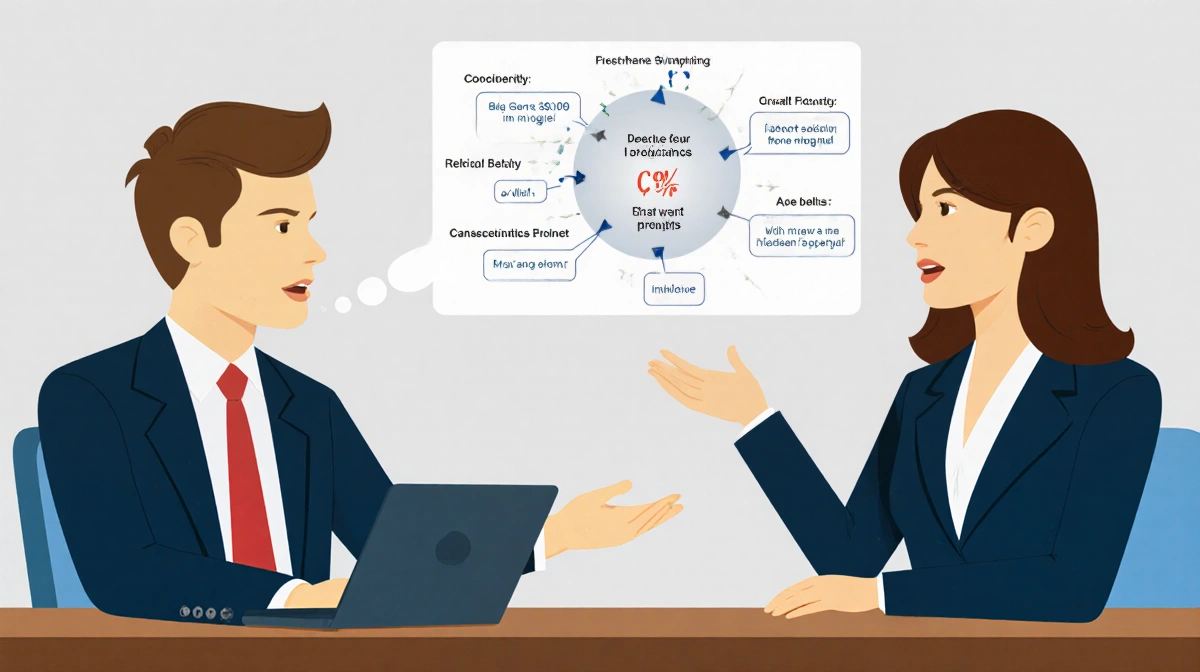 Lawyer discussing trial plans with client over legal documents in office.