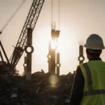 A demolition crane dismantles the iconic LAX pylons with the distinctive ring design visible and a worker
