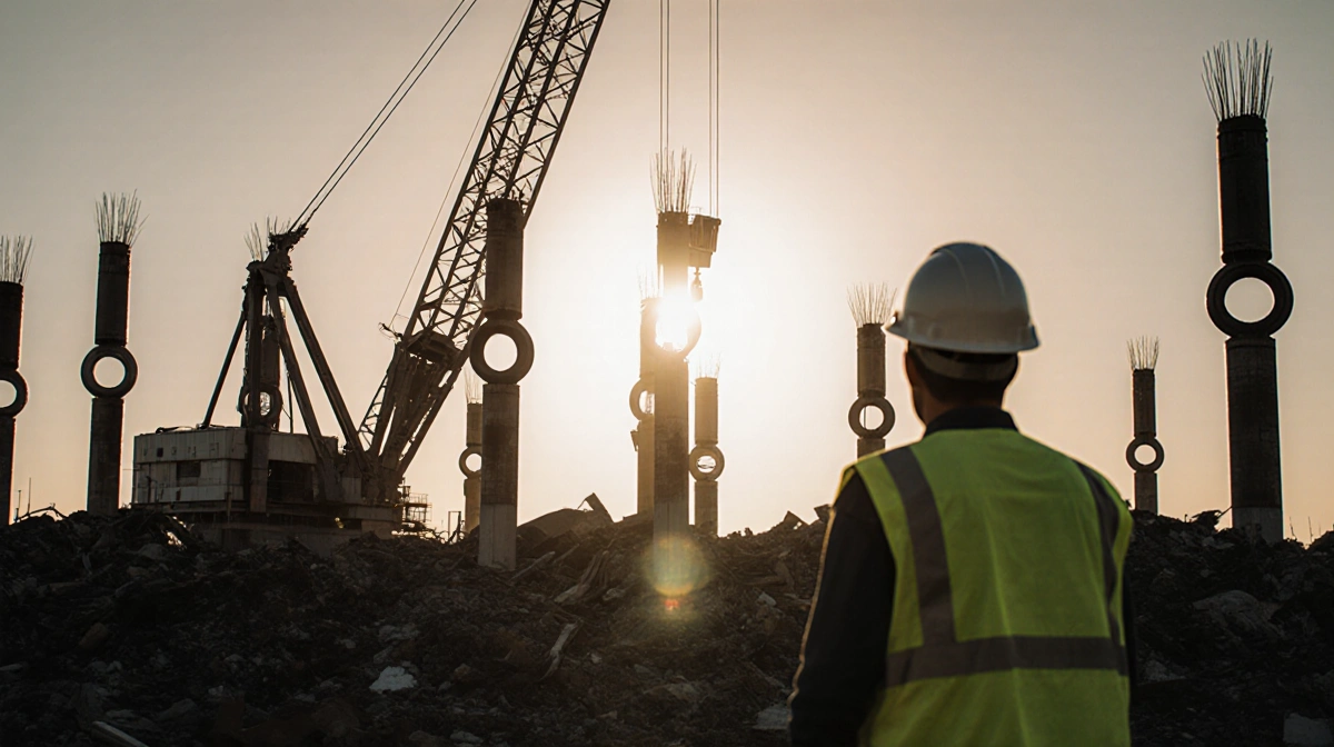 A demolition crane dismantles the iconic LAX pylons with the distinctive ring design visible and a worker