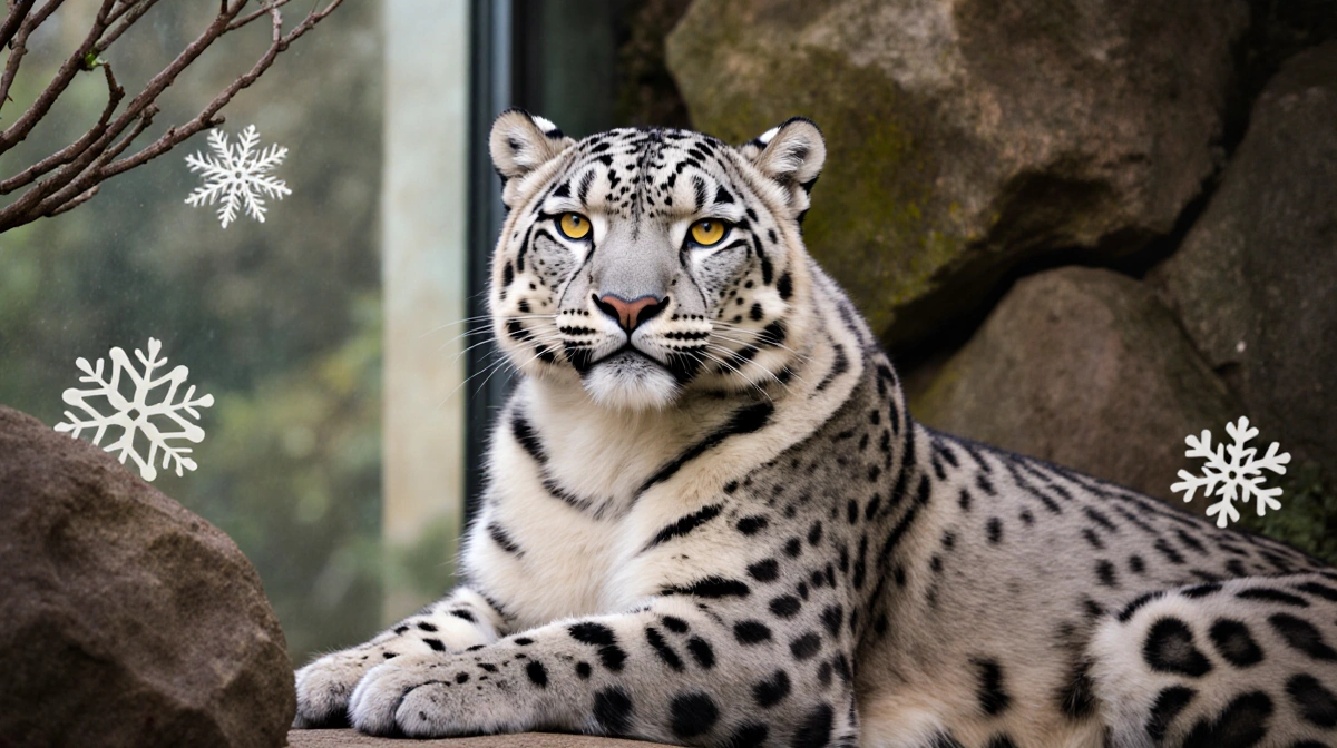 Snow leopard Layan resting by glass window with snowflake accents and warm light in Santa Barbara Zoo enclosure.