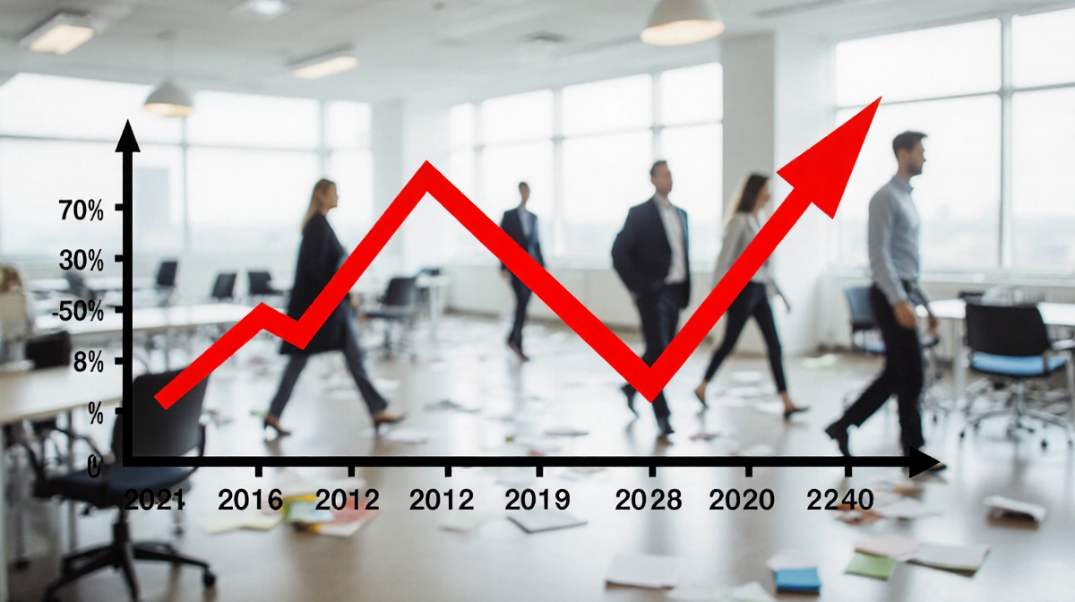 Red declining stock chart shows layoffs with empty chairs and scattered papers in office background