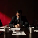 Stressed businessperson sitting alone at conference table with layoff notice and broken laptops showing economic downturn