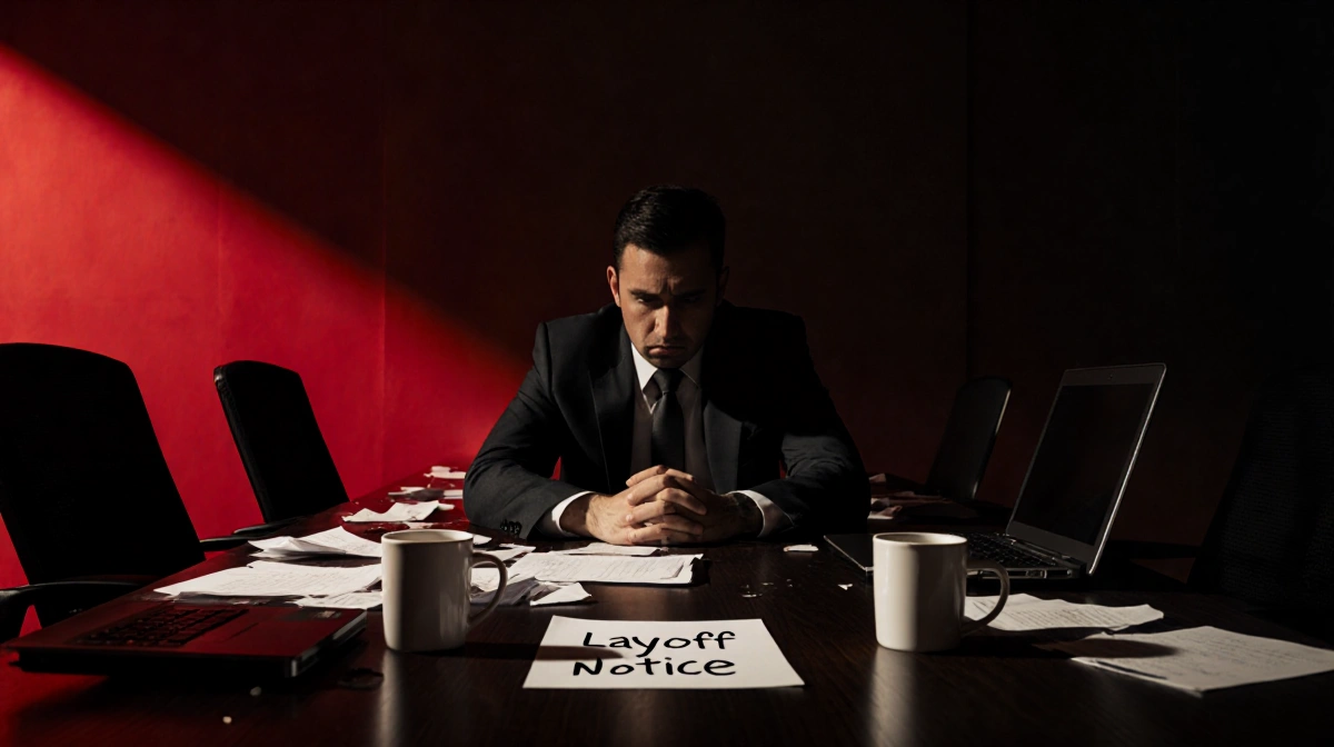 Stressed businessperson sitting alone at conference table with layoff notice and broken laptops showing economic downturn