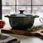 Le Creuset Dutch Oven rests on wooden board with apples onions and rosemary nearby