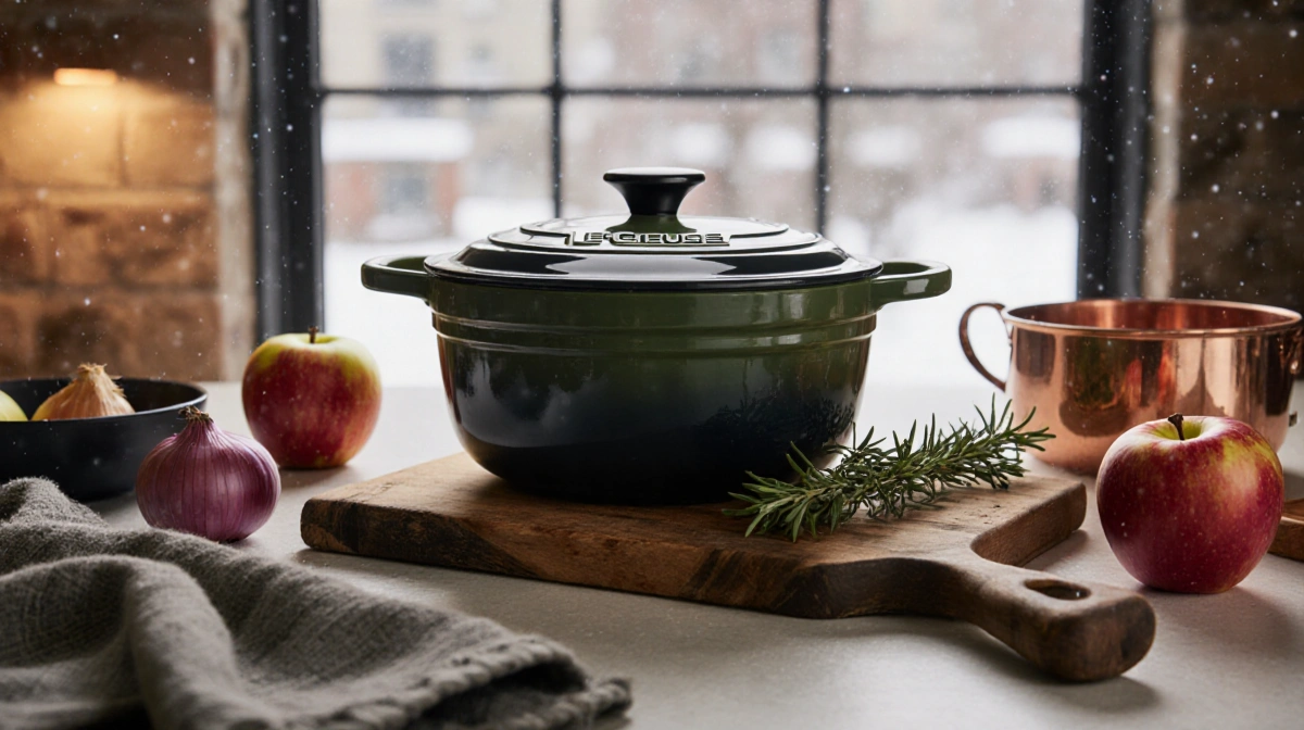 Le Creuset Dutch Oven rests on wooden board with apples onions and rosemary nearby