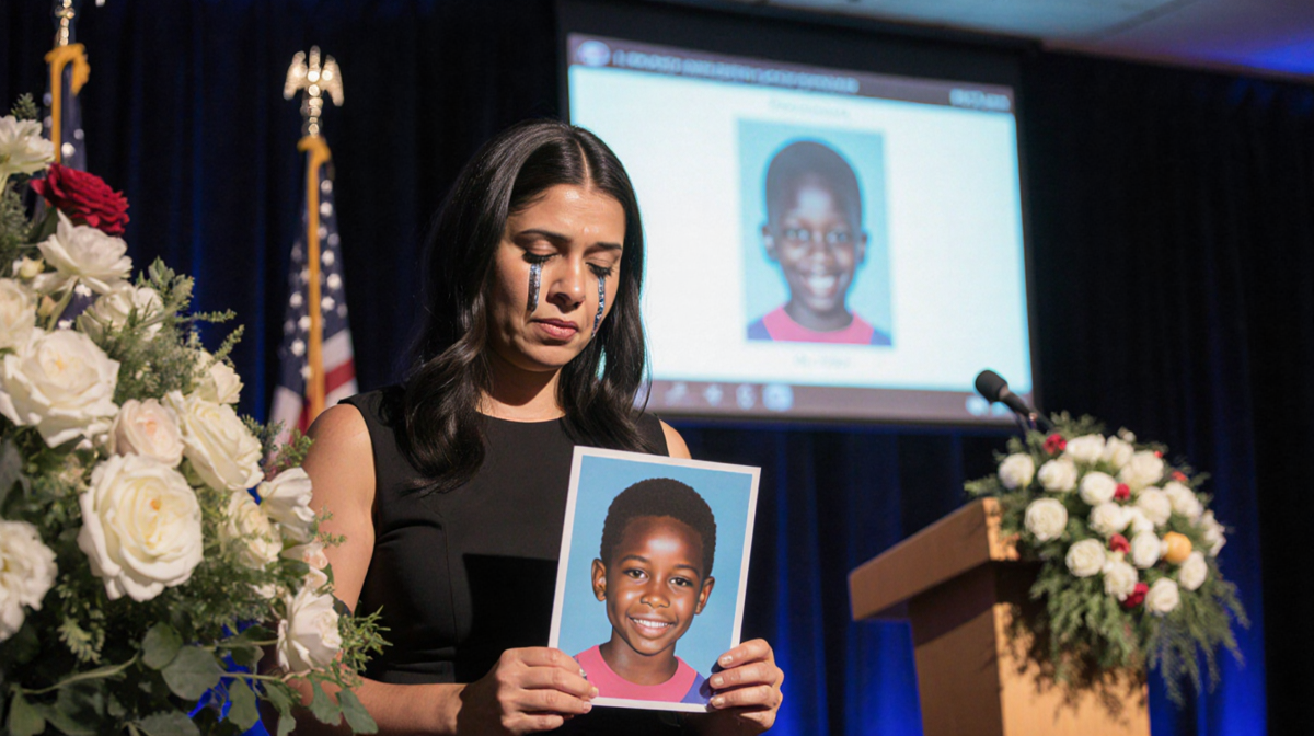Leah DeLeon holds a photo of her late children with tears and grief in her eyes near a blurred memorial podium and projector
