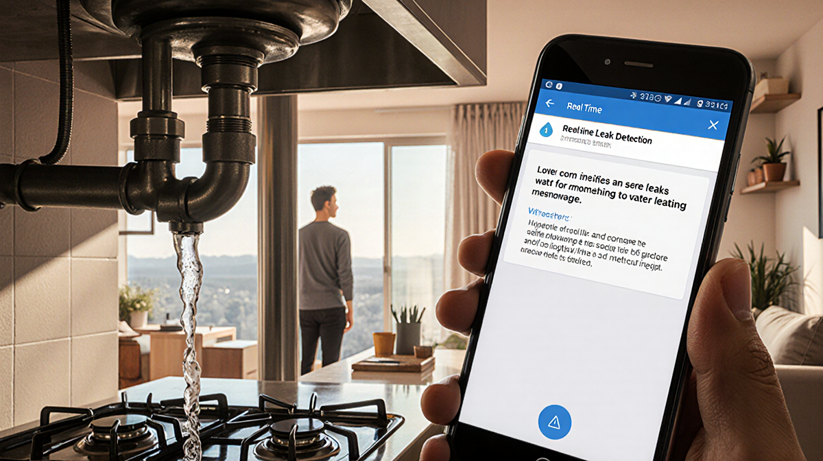 Smartphone screen displaying a leak detection alert with a plumbing pipe under a sink and warm lighting