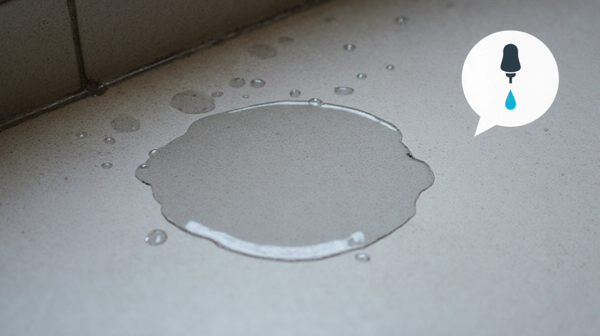 Small puddle forms on tile floor with water drops showing leaky faucet issue