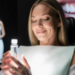 LeAnn Rimes sits in a dental chair holding a crystal vial with glowing liquid while soft white light surrounds her.