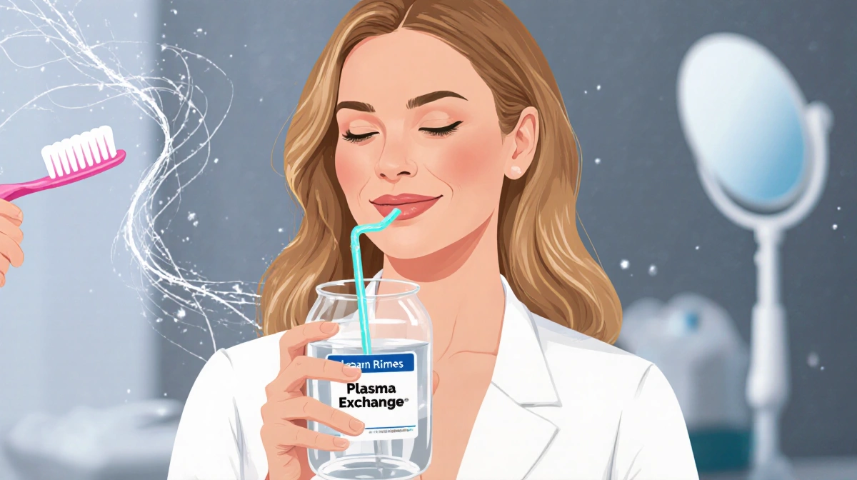 LeAnn Rimes holding a glass standing before a blurred backdrop with wisp patterns and a Plasma Exchange label for recovery