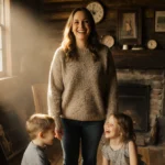 Leanne Morgan standing with smile and sweater as her three children sit at her feet and golden Appalachian light pours in