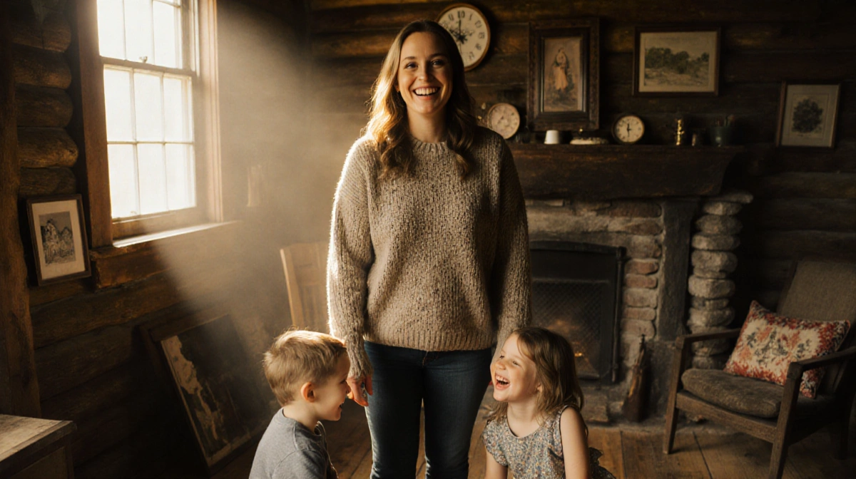 Leanne Morgan standing with smile and sweater as her three children sit at her feet and golden Appalachian light pours in