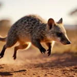 Bandicoot leaping through Australian outback with snout extended and golden light on fur