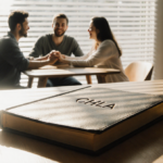 Leather-bound book sits on minimalist desk with warm sunlight filtering and blurred family smiling in background.