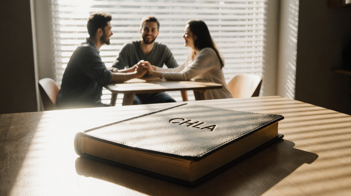 Leather-bound book sits on minimalist desk with warm sunlight filtering and blurred family smiling in background.