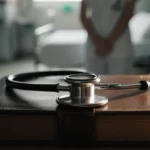 Doctor holds stethoscope on worn medical book with hospital bed and patient room softly lit behind