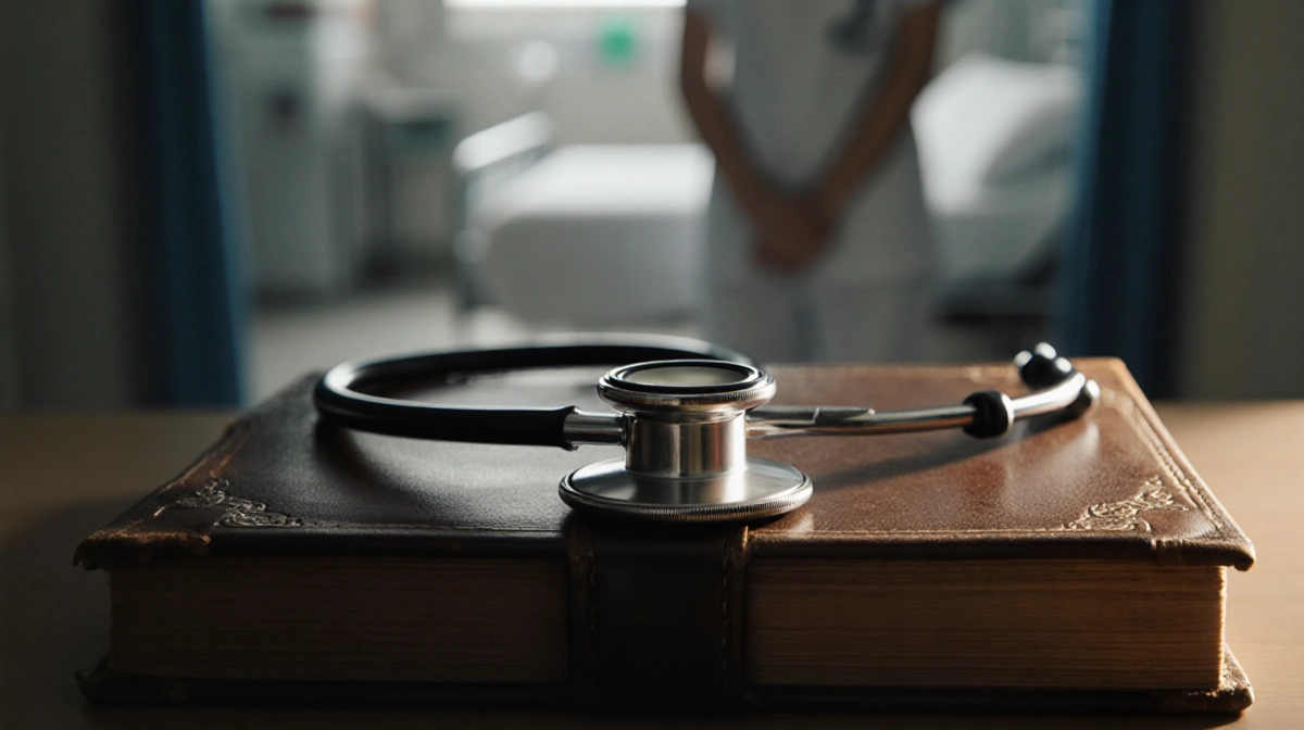 Doctor holds stethoscope on worn medical book with hospital bed and patient room softly lit behind
