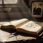 Journal open with handwritten note showing hope and a faded family photo behind.