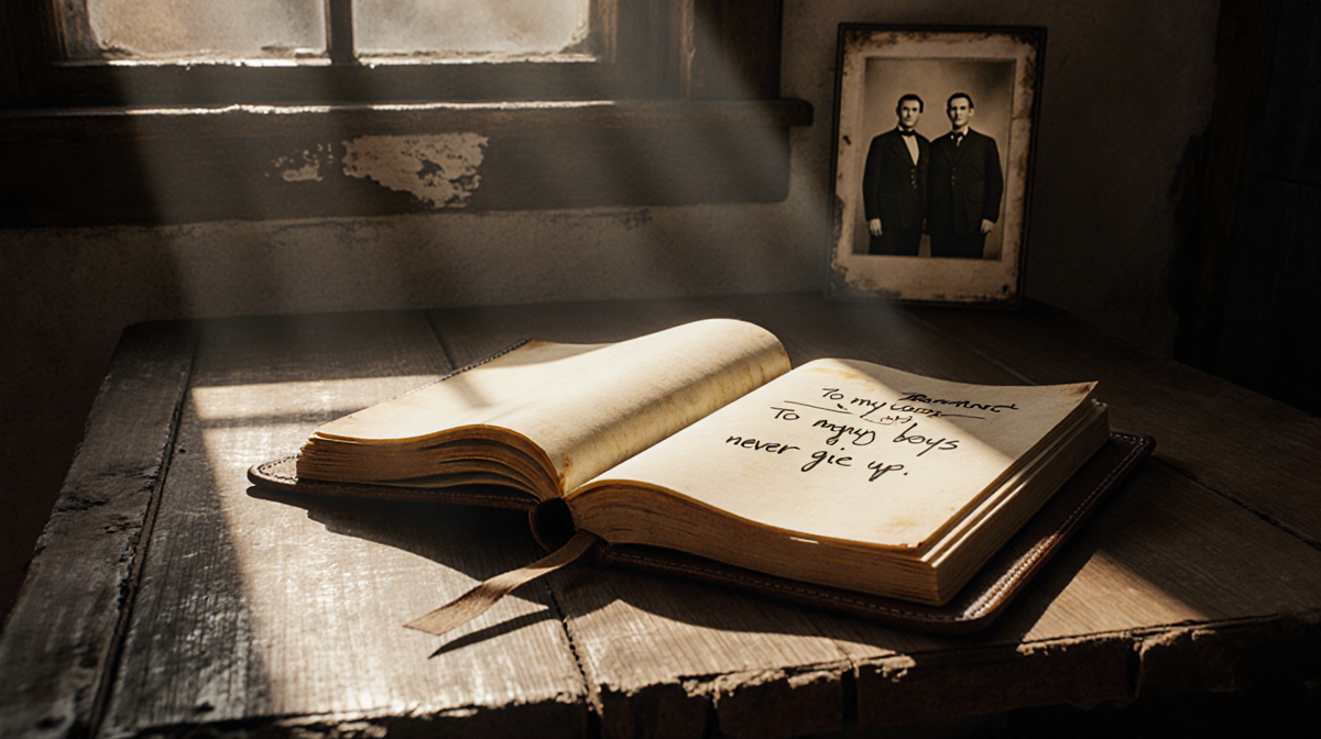 Journal open with handwritten note showing hope and a faded family photo behind.