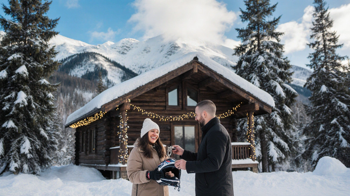 Leslie Davis smiles while holding a snowmobile helmet as her fiancé hands her keys with a cozy cabin and snowy mountains behi