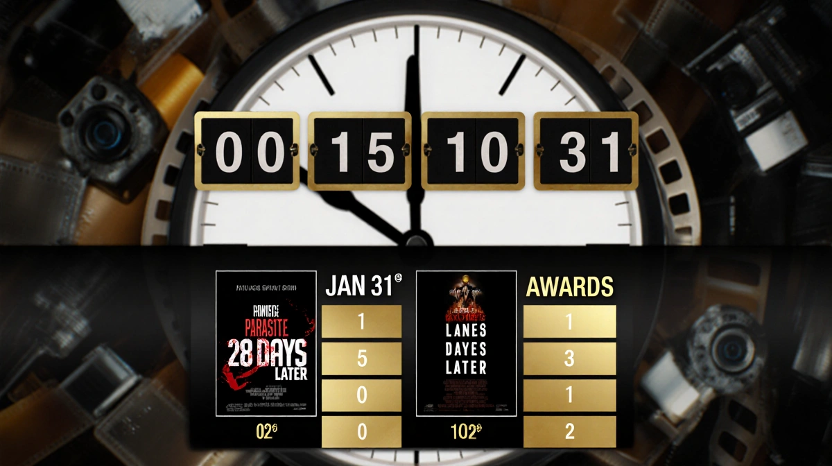 Countdown timer striking midnight with Parasite and 28 Days Later leaving January 31 and film reels in background