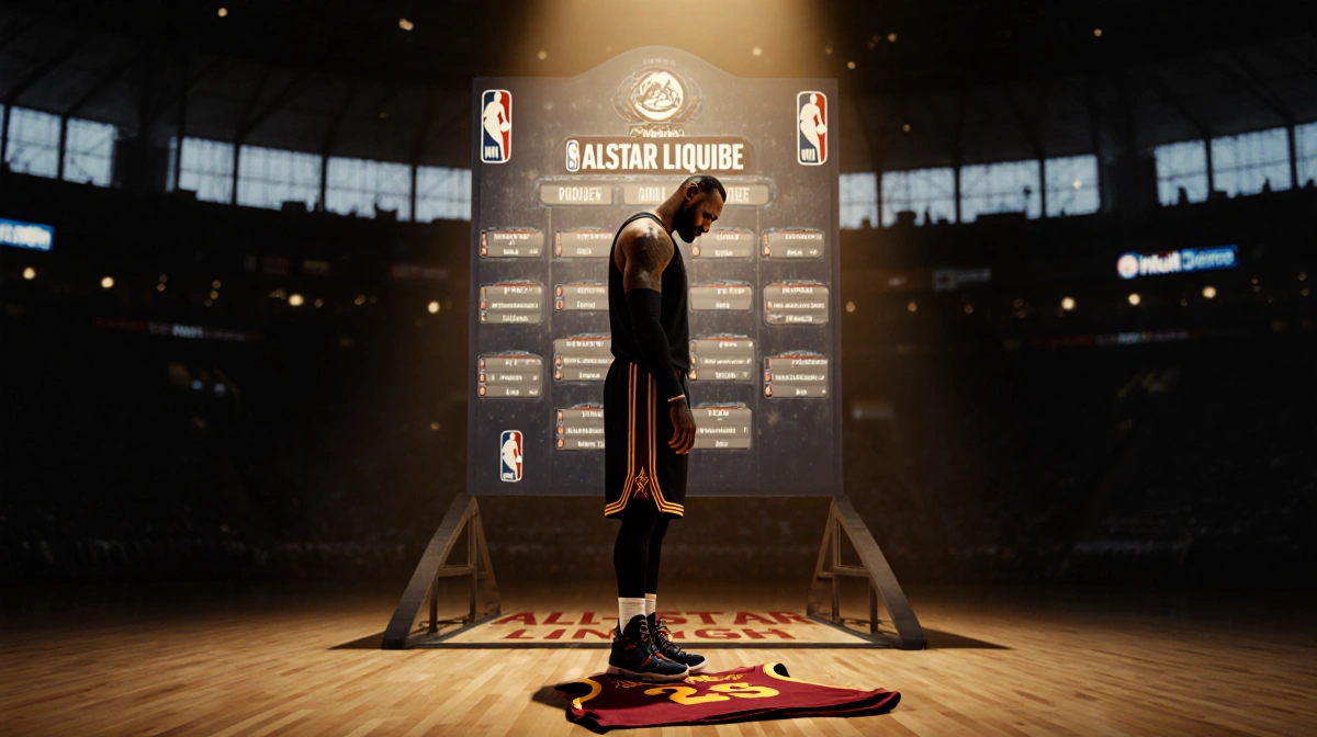 LeBron James standing alone with an empty All-Star lineup board and his jersey on the floor under warm golden light