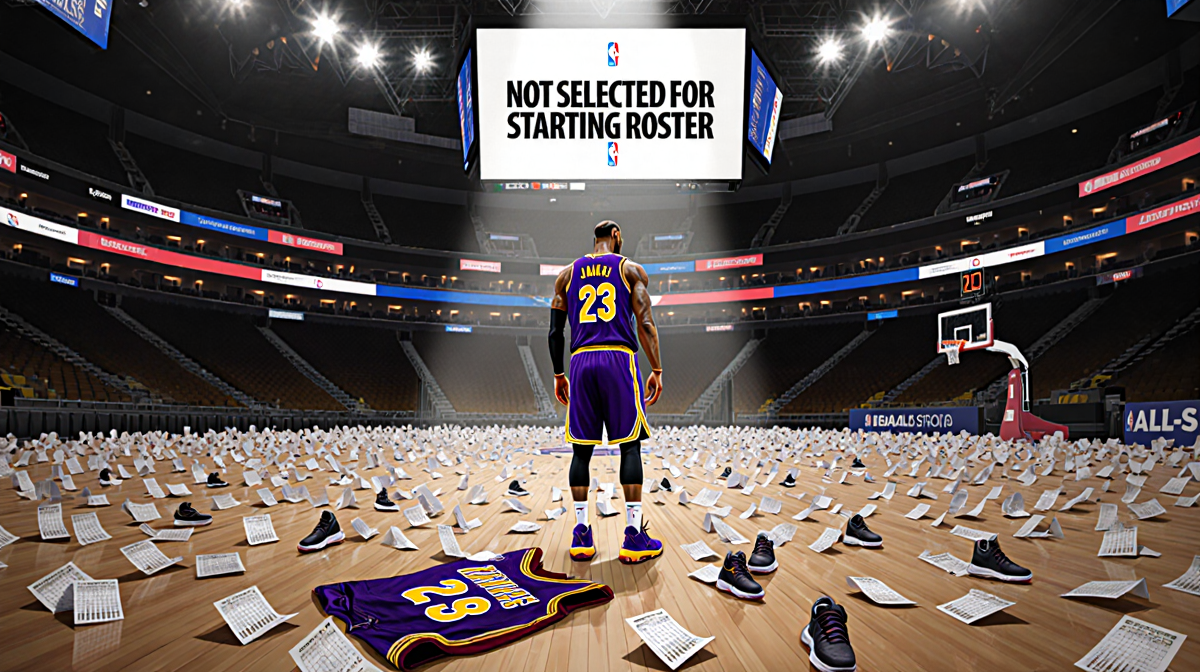 LeBron James standing in arena with spotlight on him and TV screen announcing he was not selected for NBA All-Star roster