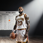 LeBron James standing with a basketball on a lit court under a spotlight and a whiteboard with All-Star names erased.