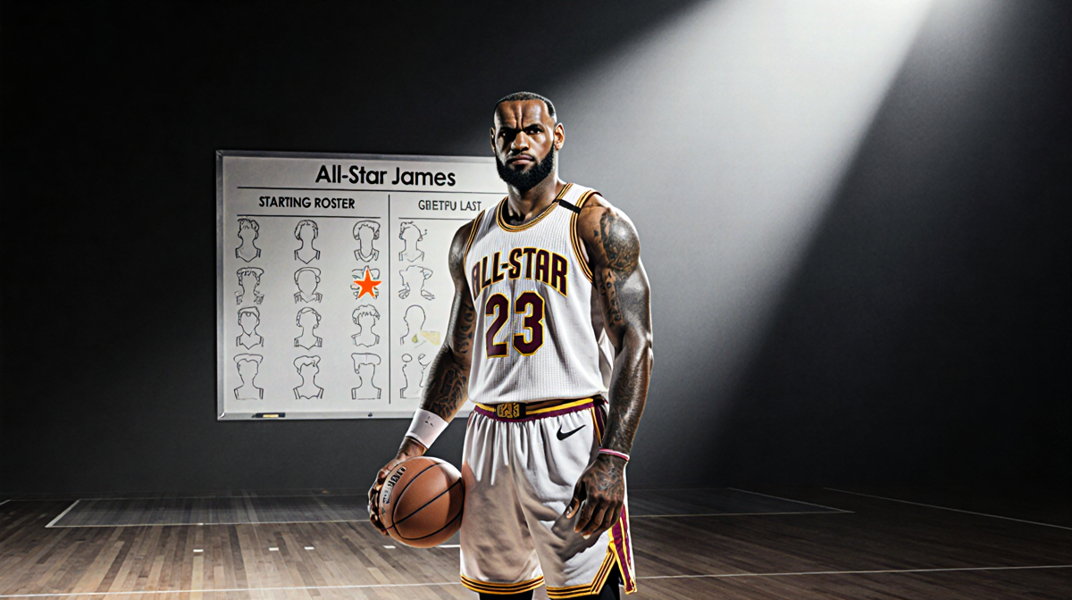 LeBron James standing with a basketball on a lit court under a spotlight and a whiteboard with All-Star names erased.