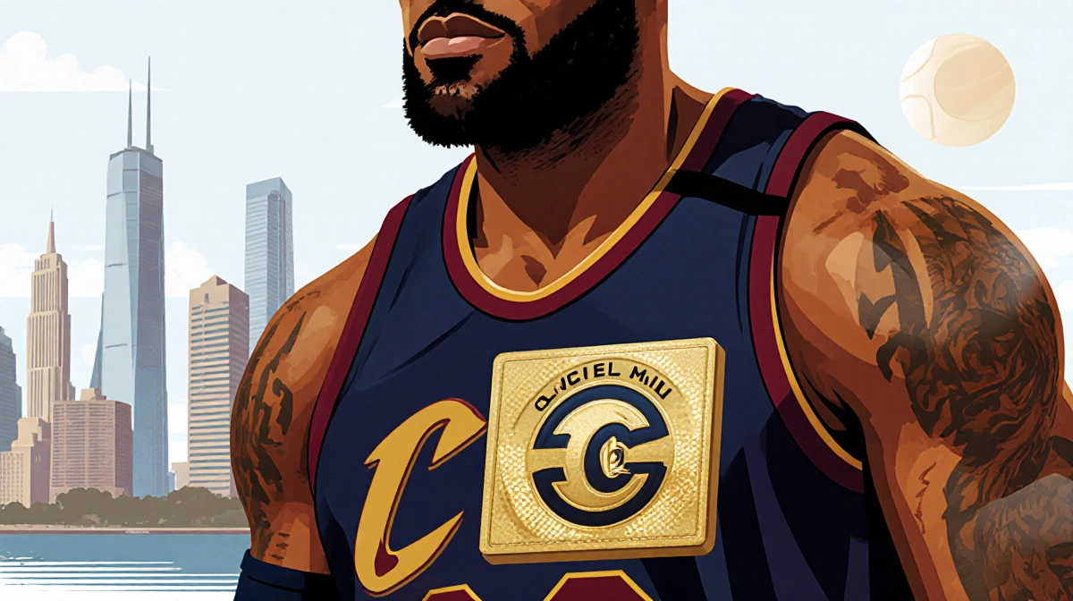 LeBron James wearing jersey with gold CMC patch and blurred cityscape showing championship cities behind