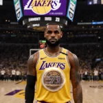 LeBron James stands at center court wearing Lakers jersey with glowing commemorative patch and cheering fans behind