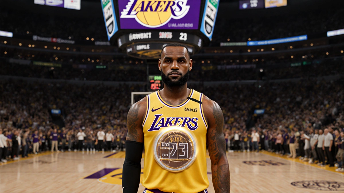 LeBron James stands at center court wearing Lakers jersey with glowing commemorative patch and cheering fans behind