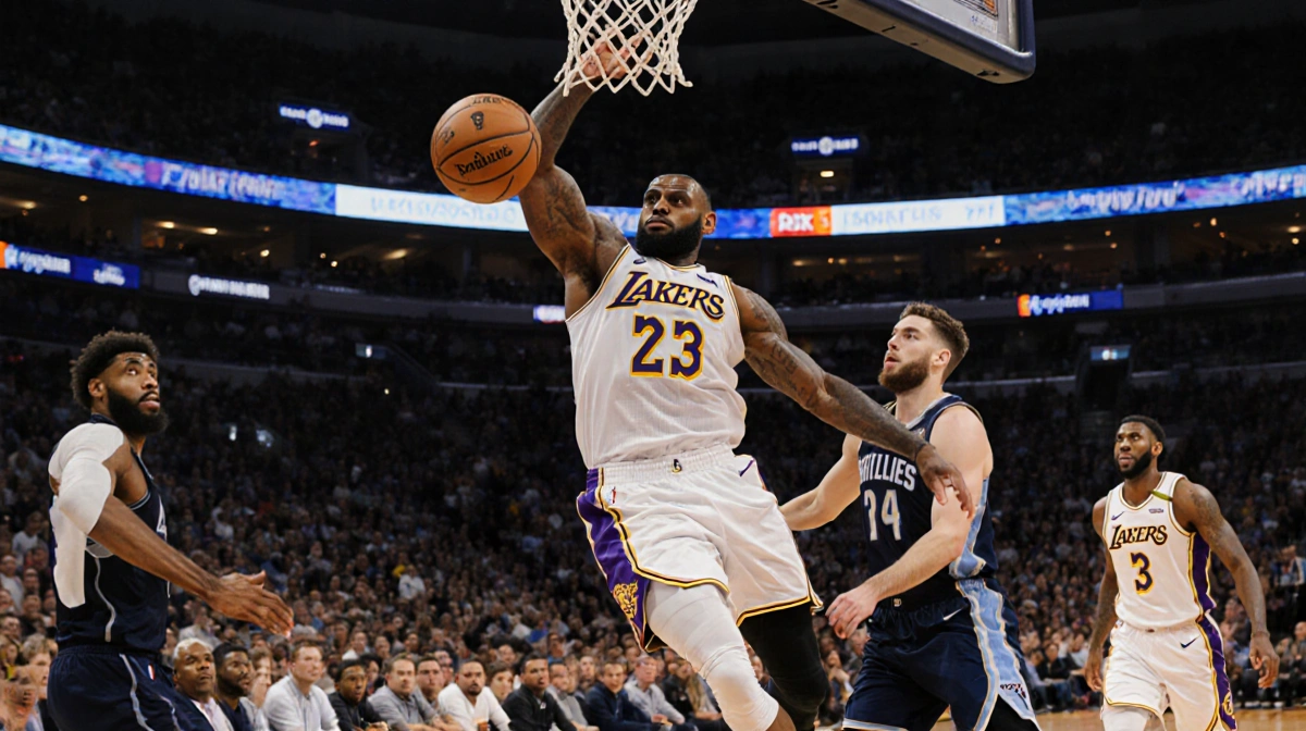 LeBron James driving to the basket with Luka Dončić supporting and Jaren Jackson Jr. frustrated by Lakers bench in dim arena