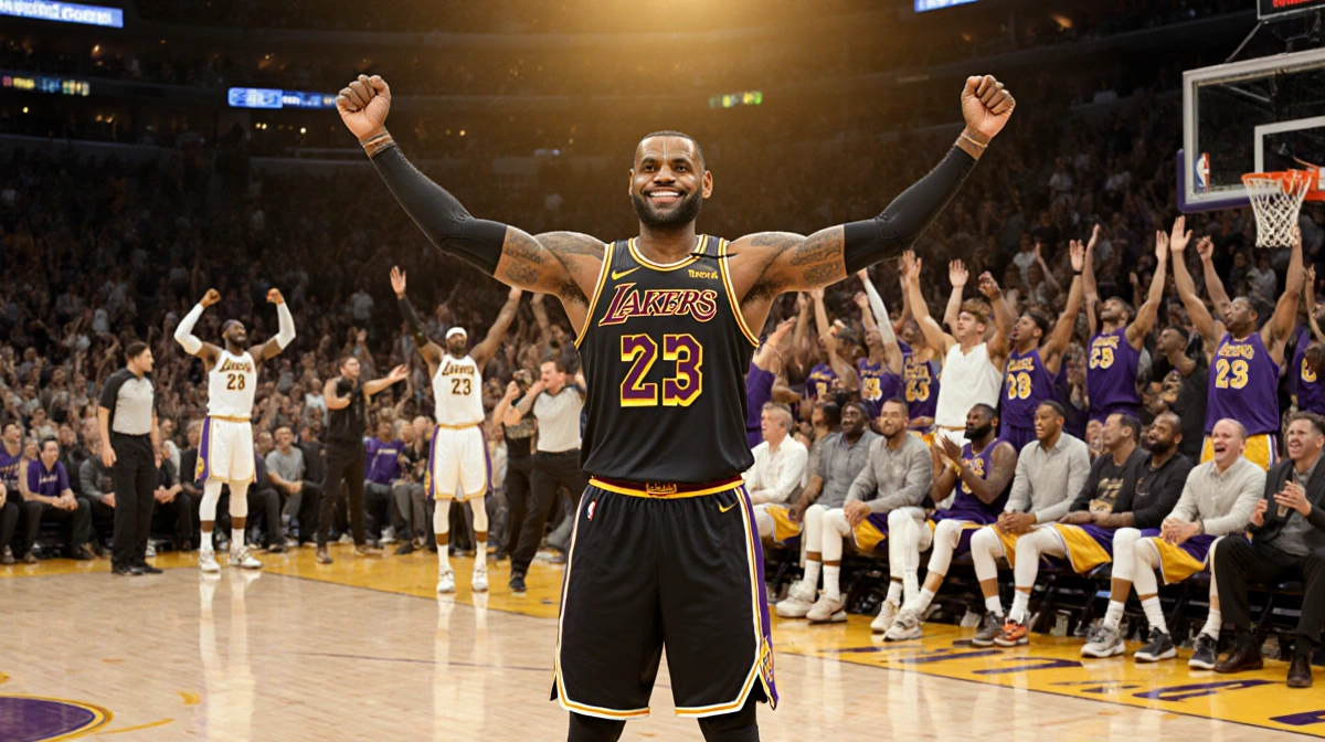 LeBron James celebrates on court with arms raised and Lakers bench cheering behind him
