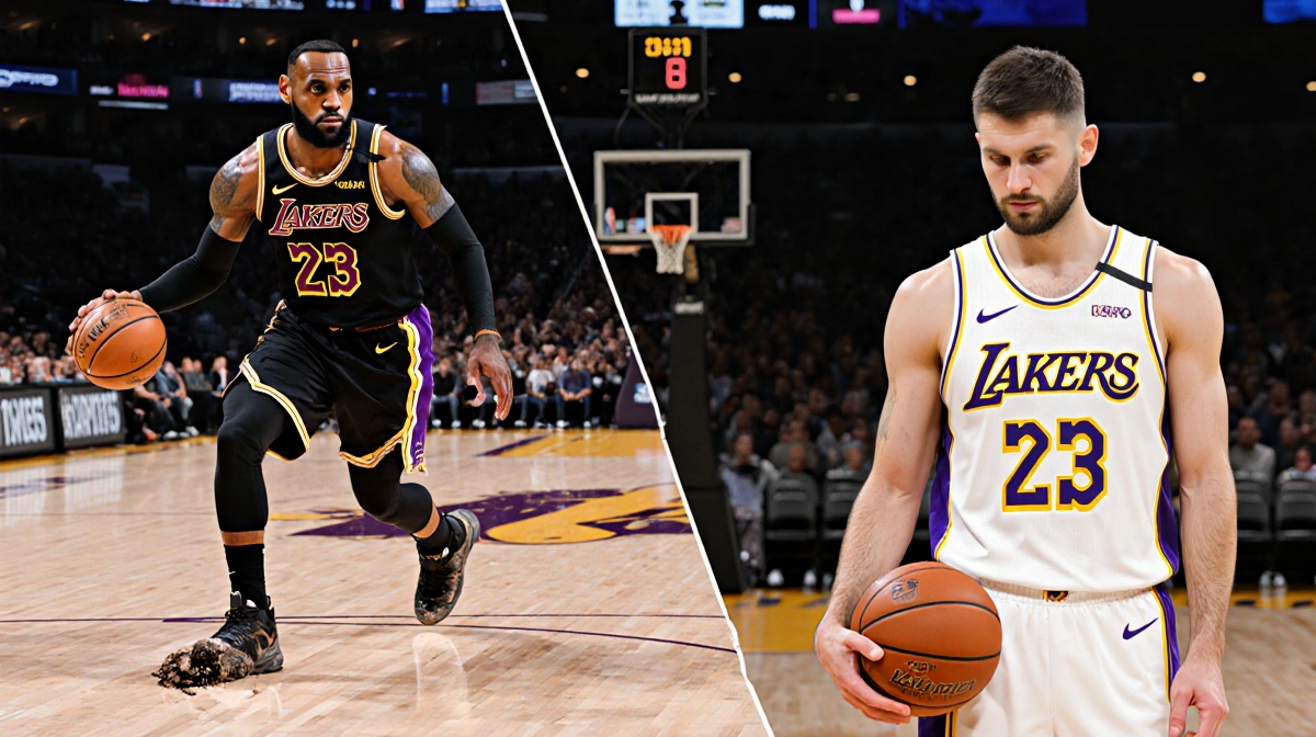 LeBron dribbles with a worn ball on a court and a determined look. Luka Dončić in a Lakers jersey holds a ball with sad eyes.