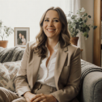 LeeAnn Kreischer sits relaxed with books and plants surrounding her in a warm living room